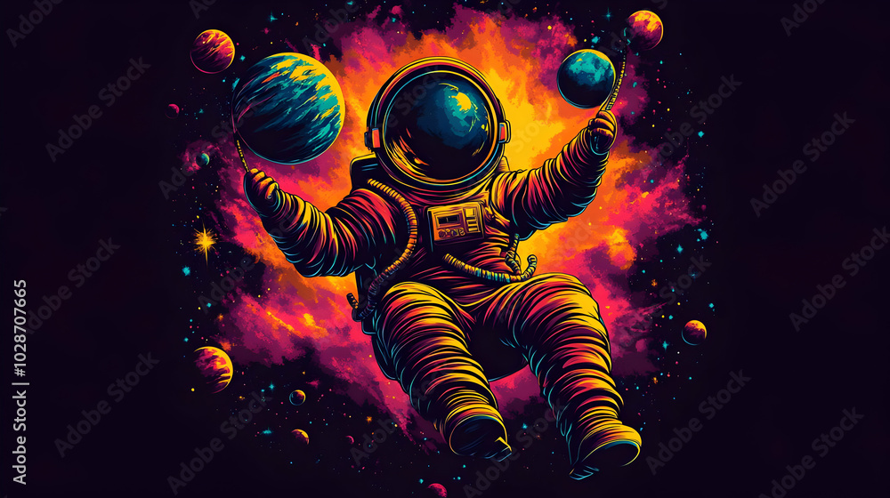 Poster astronaut floating in space with colorful planets and cosmic explosion.