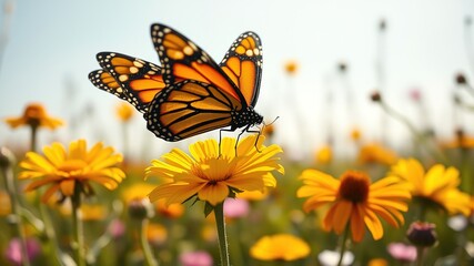 Fototapeta premium Vintage Monarch Butterfly on Yellow Flower in Summer Sunshine