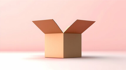 An open cardboard box on a soft pink background.