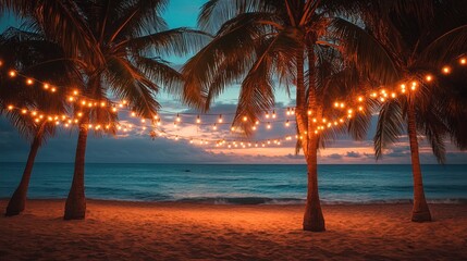 Palm trees on the beach with string lights 