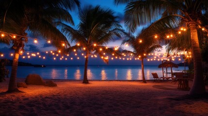 Obraz premium Palm trees on the beach with string lights 