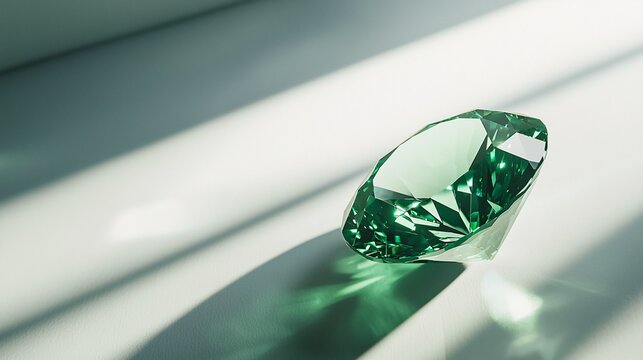 A brilliant green gemstone glimmers softly against a pure white backdrop, highlighting its masterful cut and opulent allure.