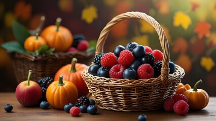 Mixed berries in basket on dark wooden background Created with Generative AI technology.