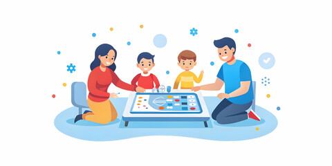 Candid Family Board Game Session with Soft Abstract Digital Art Background Perfect for Family-Focused Advertising and Lifestyle Concepts