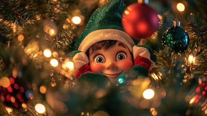 Cheerful holiday scene with playful elf in green and red by Christmas tree, surrounded by glowing lights and decorations for a magical look. Christmas