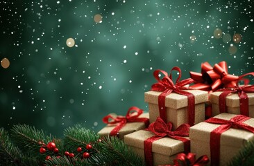Festive Christmas scene with shimmering gift boxes and red ribbons creating a holiday ambiance on a snowy green background