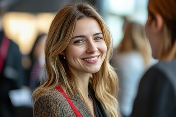 Obraz premium Networking businesswomen smiling and talking at professional conference, Generative AI