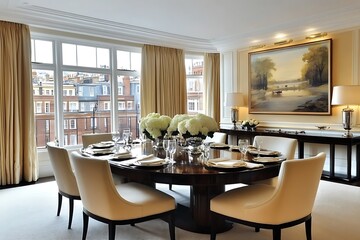 Elegant Dining Room Decor with White Flowers and City View