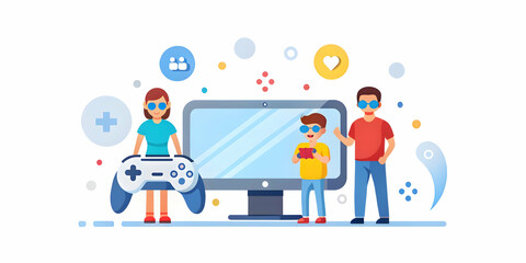 Fototapeta premium Family Engaging in Augmented Reality Video Game with Interactive Features, Glossy Abstract Background & Copy Space for Tech-Focused Ads - Innovative Family Gaming Concept