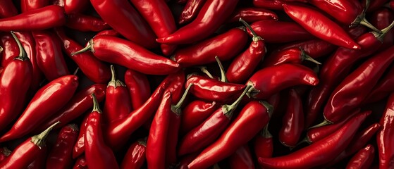 pile of red chili peppers in the market top view, close-up