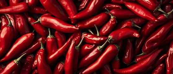 pile of red chili peppers in the market top view, close-up