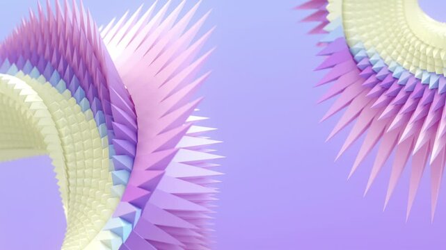 Digital loop animation of an abstract figure in the shape of moebius rings, consisting of many sharp protrusions in bright neon colors assembled in a flowing and swirling pattern. 3d rendering 4K
