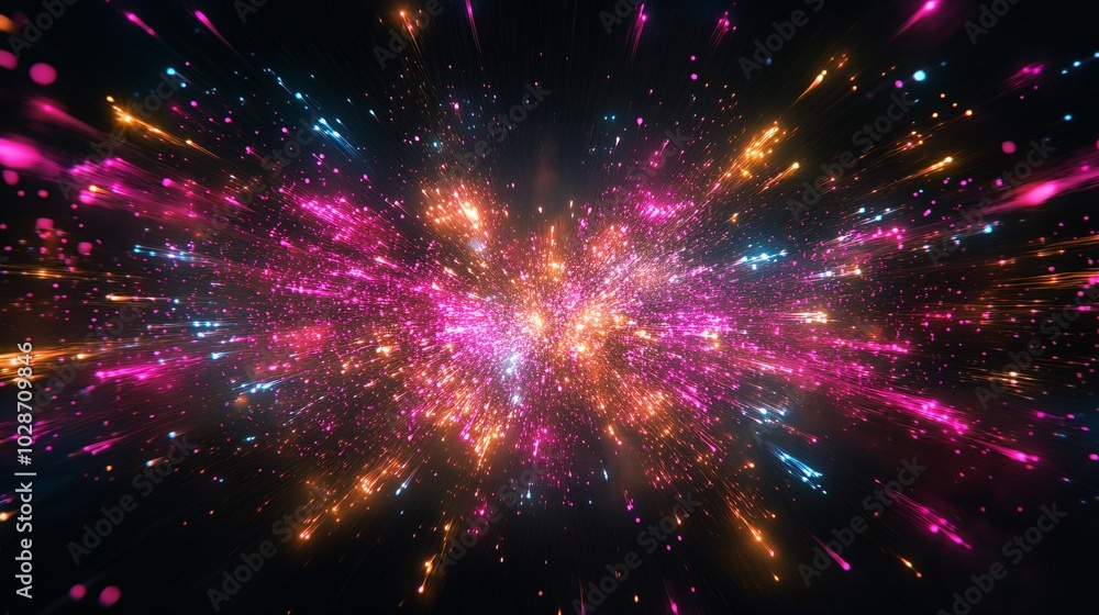 Poster an explosion of colorful lights creating a vibrant burst against a dark background, perfect for use 