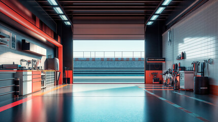 Empty garage opening onto race track with open roller door
