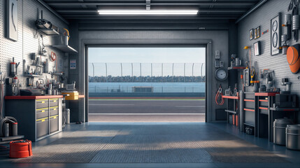 Racing track visible from inside of garage with open door