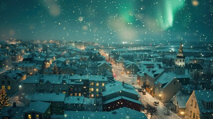 A Snowy Night in a European City with the Northern Lights in the Sky