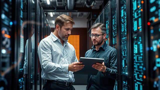 It engineers using tablet and working in data center with server racks