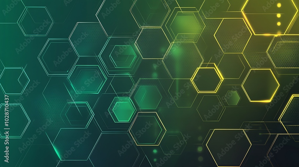 Poster Abstract green and yellow hexagonal pattern with glowing lines.