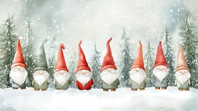 Whimsical watercolor of Scandinavian gnomes in winter forest, with falling snowflakes and soft colors for a cozy holiday feel. Christmas