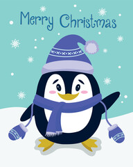 A winter postcard with a penguin.A cute penguin in