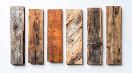 Textured wooden planks are artistically displayed against a light backdrop, highlighting their distinctive grains and hues.