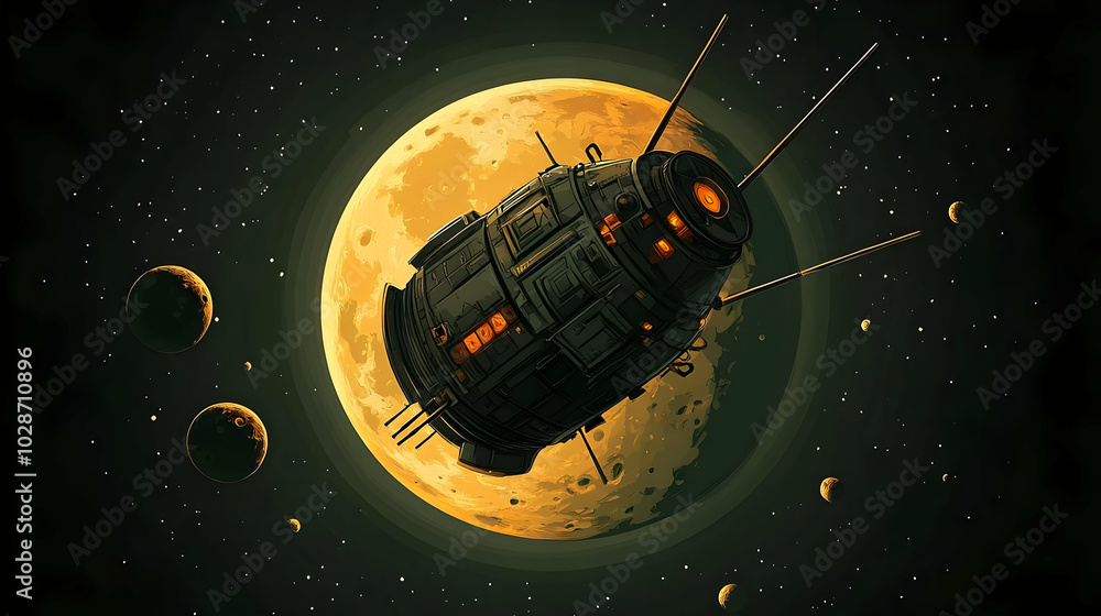 Poster a futuristic spacecraft orbiting a large moon in space.
