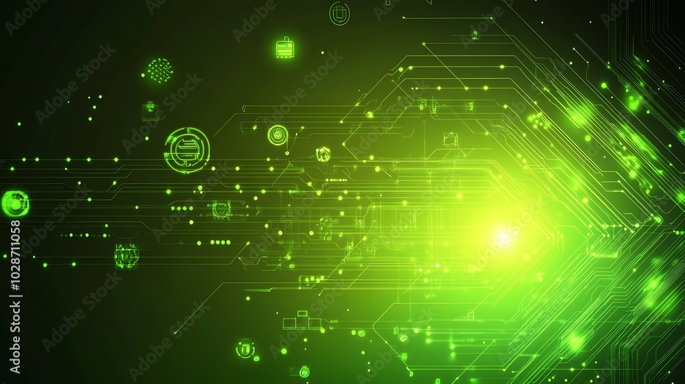 Poster abstract green digital background with glowing lines and icons.