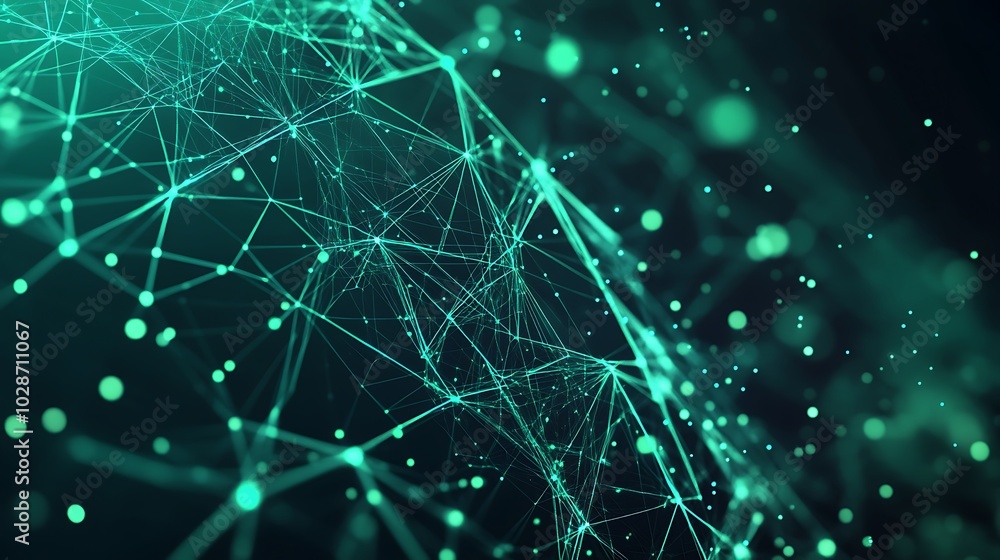 Poster abstract green digital network with glowing dots and lines on a dark background.