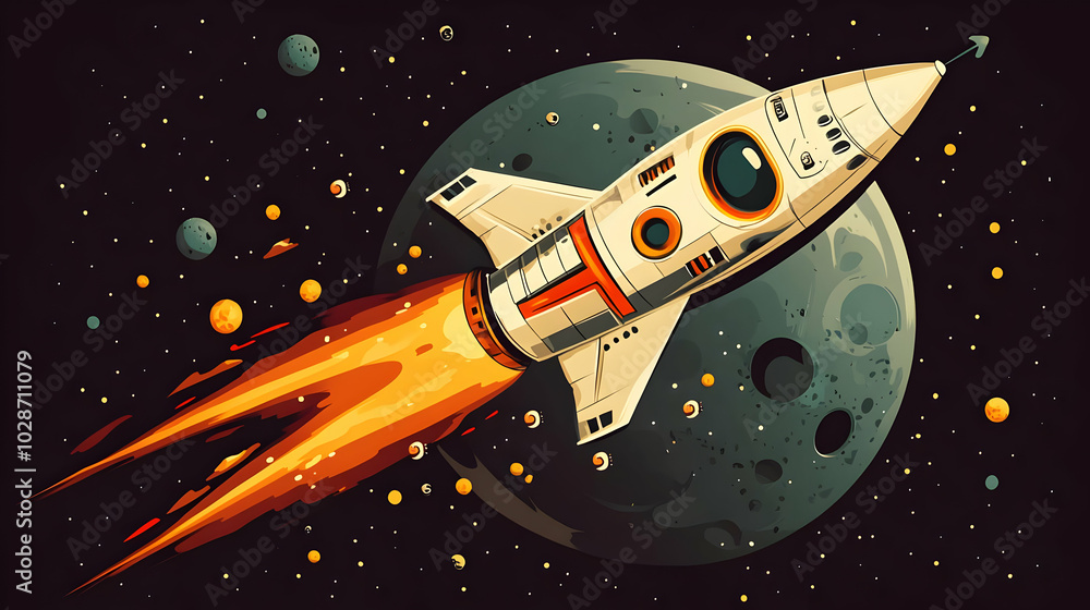 Poster rocket launching into space with planets and a moon in the background.