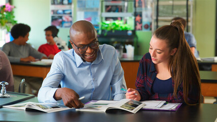 Female High School Student Receiving Individual Attention From Teacher In Science Class