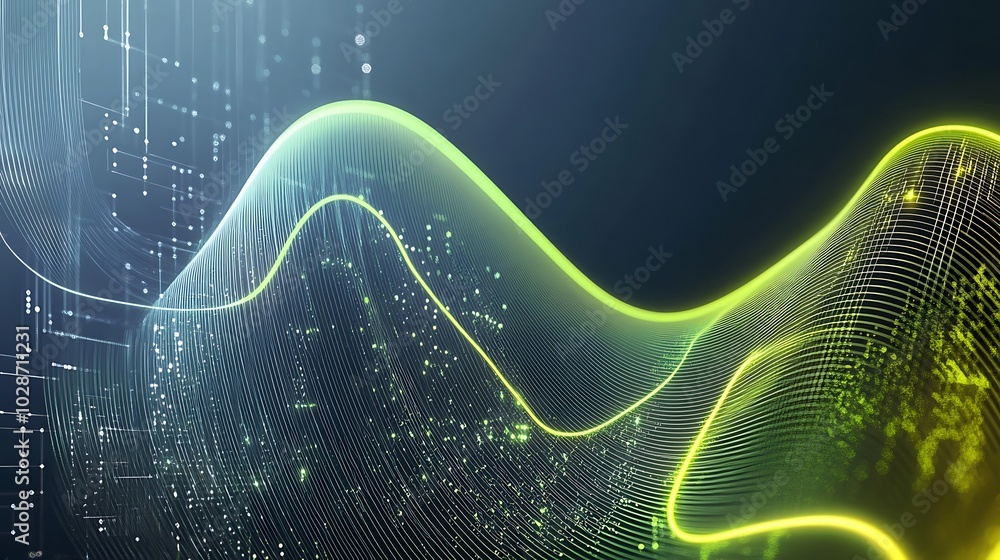 Poster abstract green glowing digital wave pattern on dark background.