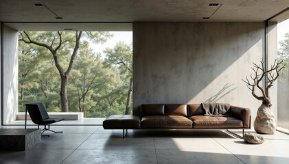 Modern minimalist living room opening onto forest view