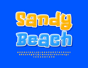 Vector creative emblem Sandy Beach. Sunny Yellow Font. Funny Alphabet Letters and Numbers set.