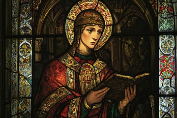 Saint Ethelwynn is depicted in a stunning stained glass window, exuding sanctity through vibrant hues and exquisite artistry.