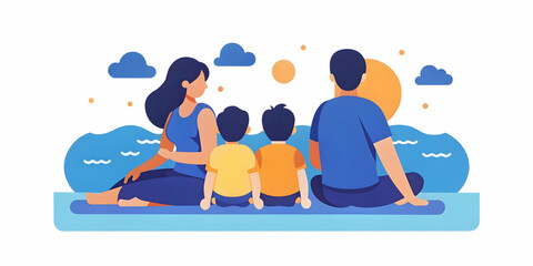 Family Relaxing on Beach with Plain Orange Background for Copy Space - Serene Weekend Getaway Image for Stock Photo Concepts