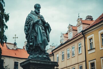 Obraz premium A majestic statue of Saint John of Nepomuk rises in a historic square, embodying faith and devotion with exquisite detail and a sacred presence.