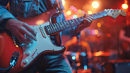 Music band group perform on a concert stage