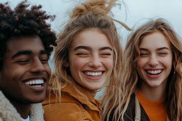 Fototapeta premium Group of friends enjoying time together outdoors, smiling and laughing, Generative AI