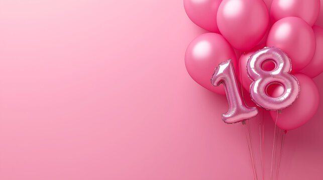Pink balloons and foil balloon in the shape of the number 18 on a pink background, perfect for birthday celebrations, party decor, and festive designs