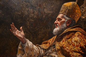 Obraz premium A vibrant portrait of Saint Pope Gregory captures his majestic attire and gentle spirit, embodying the essence of faith and leadership.
