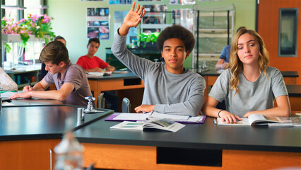 Male High School Pupil Raising Hand In Biology Class To Answer Question