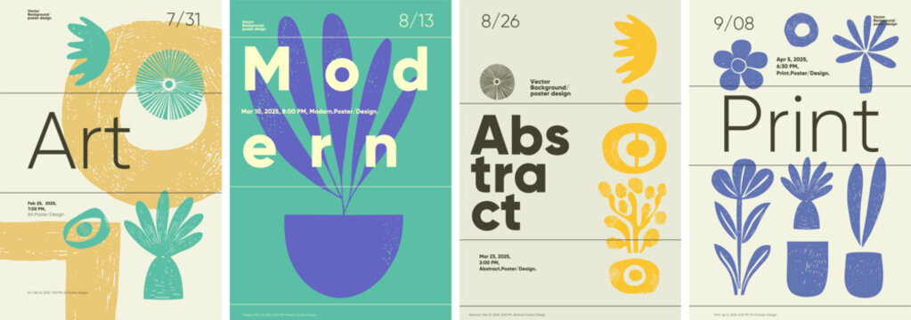 Fototapeta Modern typography poster with abstract, retro vector shapes. Perfect for banners, festival posters, or minimalist cover designs in Brutalist art style.