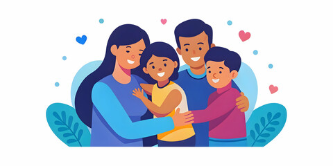 Obraz premium Family sharing a group hug in cozy living room, warm family moment of love and togetherness with copy space for promotional text in photo stock