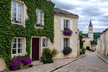 European French village street, untouched by time. Cobblestone paths wind between historic homes with their shuttered windows, Ivy climbs the rustic stone walls, painted facades.