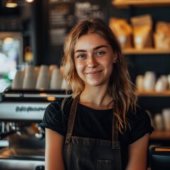 Smiling barista young woman working in cafe shop, looking at camera. Startup successful small business owner. SME