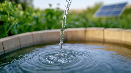 A stream of water flows into a wooden barrel, creating ripples on the surface, AI