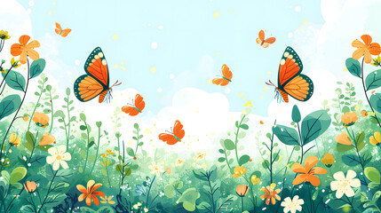 Naklejka premium Vibrant meadow with colorful butterflies and blooming flowers under a soft sky