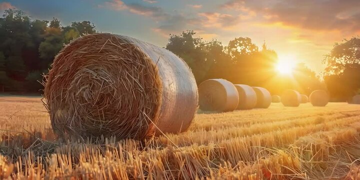 Golden sunset over bales of hay in open field.