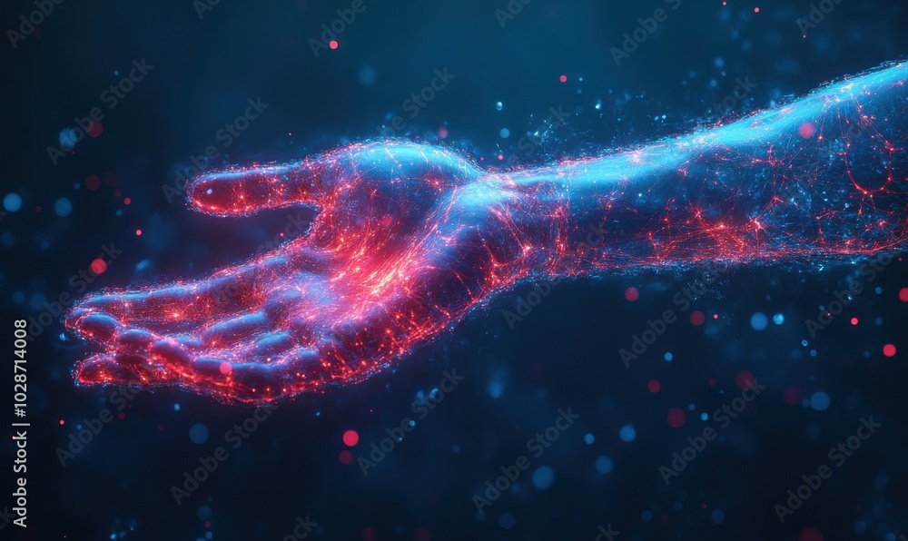 Poster close-up of a futuristic digital arm with a glowing network in a vibrant blue and red color scheme