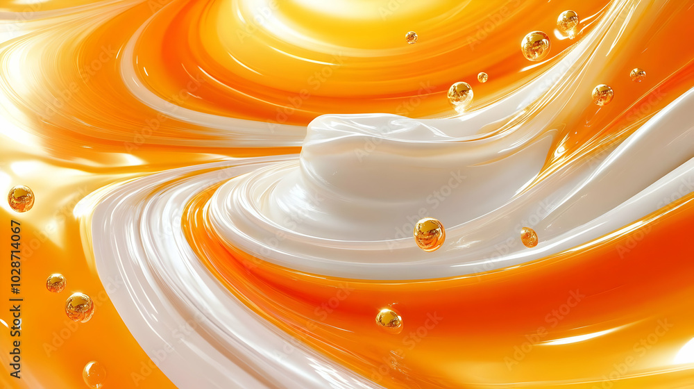 Poster abstract swirl of orange and white with floating bubbles.